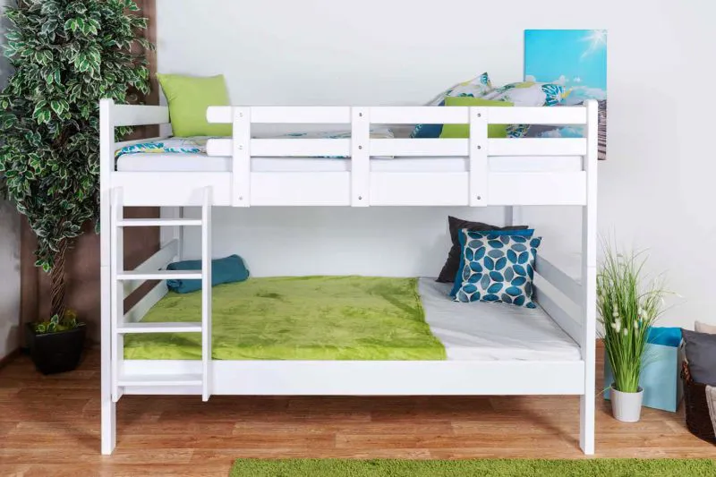Bois massif Lit superposé pour enfants et adolescents | Dimension du matelas: 140 x 200 cm | Laqué Blanc | convertible en 2 lits simples | Qualité premium | Incl. Sommier à lattes déroulable Abbildung