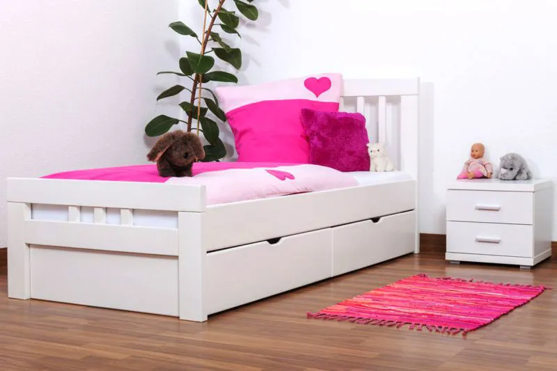 90 x 200 cm Cadre de lit pour enfants |incl. espace de rangement / 2 tiroirs | Bois massif: Hêtre | Laqué Blanc | incl. Sommier à lattes Abbildung