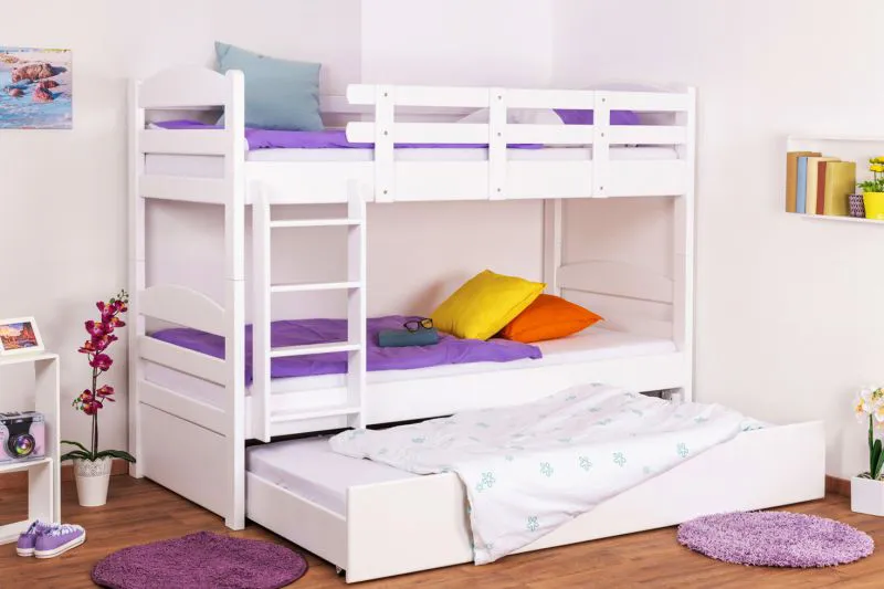 90 x 200 cm Lit superposé pour enfants avec coffre de lit comme 3e surface de couchage | Bois massif: Hêtre | Laqué Blanc | convertible en 2 lits simples | Coffre de lit comme espace de rangement ou de couchage | Incl. Sommier à lattes déroulable Abbildung