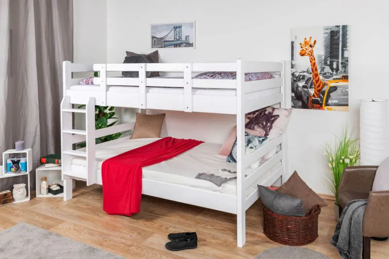 Lit superposé pour enfant 120 x 190 cm | Bois massif: Hêtre | Laqué Blanc | convertible en 2 lits simples | Qualité premium | Incl. Sommier à lattes déroulable Abbildung