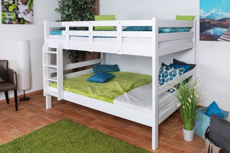 Lit superposé pour enfant 140 x 200 cm | Bois massif: Hêtre | Laqué Blanc | convertible en 2 lits simples | Qualité premium | Incl. Sommier à lattes déroulable Abbildung