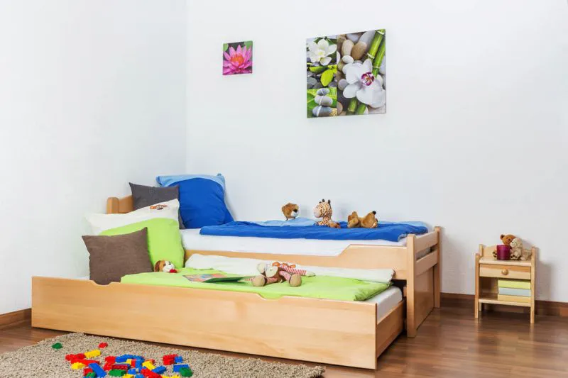 Cadre de lit pour enfants 90 x 200 cm avec Lit gigogne 90 x 190 cm | Bois massif: Hêtre | Laqué Naturel |incl. 2ème couchette 90 x 190 cm extensible et 2 Sommiers à lattes Abbildung