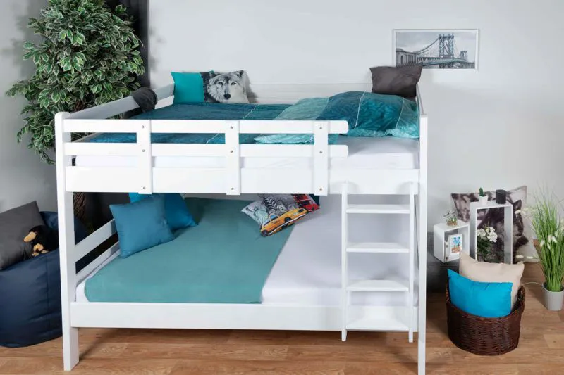Lit superposé pour enfants 160 x 200 cm (convertible) | Bois massif: Hêtre | Laqué Blanc | convertible en 2 lits simples | Incl. Sommier à lattes déroulable Abbildung
