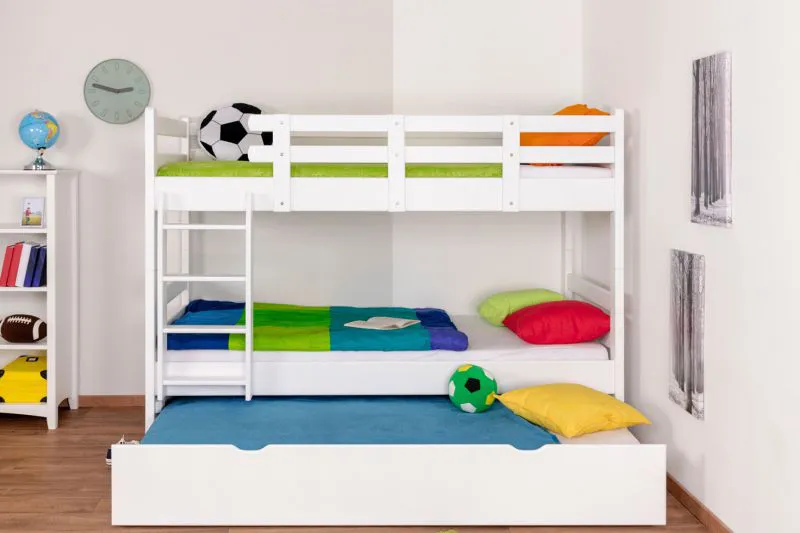 90 x 200 cm Lit superposé pour enfants avec coffre de lit comme 3ème surface de couchage | Bois massif: Hêtre | Laqué Blanc | convertible en 2 lits simples | Coffre de lit comme espace de rangement ou de couchage | Incl. Sommier à lattes déroulable Abbildung