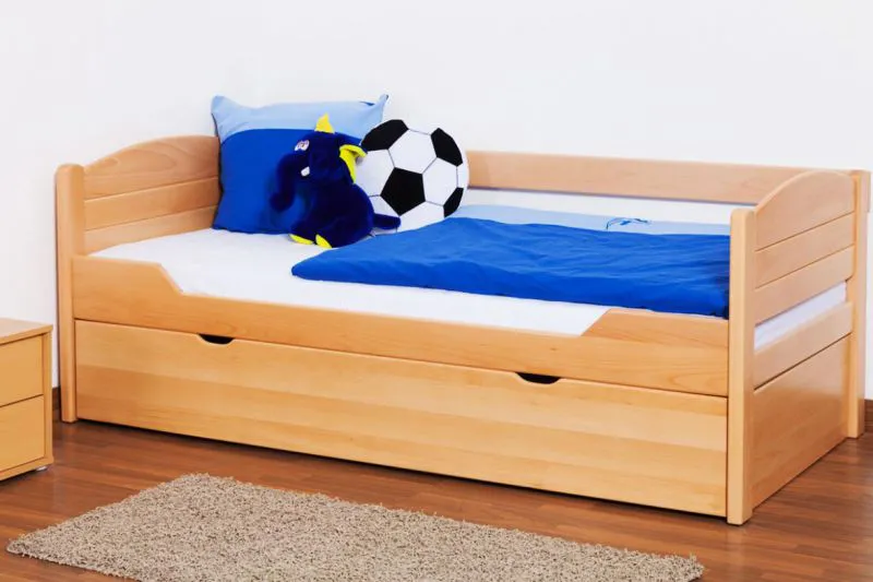 Cadre de lit pour enfants 90 x 200 cm avec Lit gigogne 90 x 190 cm | Bois massif: Hêtre | Laqué Naturel |incl. 2ème couchette 90 x 190 cm extensible et 2 Sommiers à lattes Abbildung
