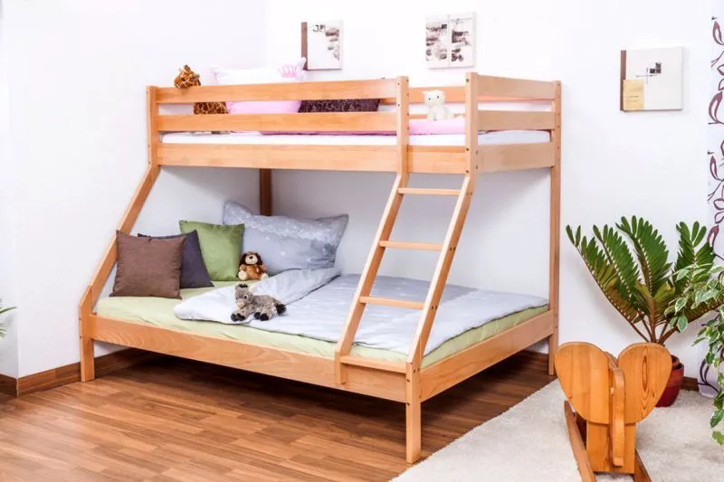 Lit superposé pour jusqu'à trois enfants | dessous 140x200 cm, dessus 90x200 cm| Hêtre massiv | Laqué Naturel | Incl. Sommier à lattes déroulable Abbildung