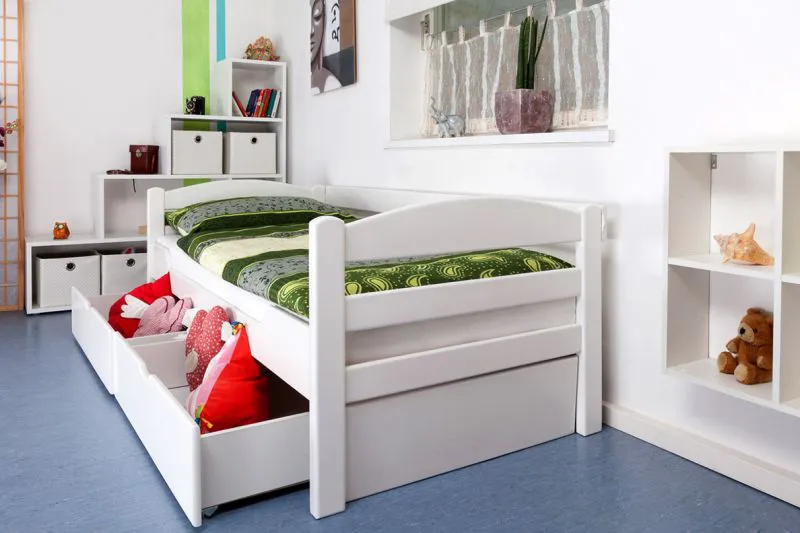 Cadre de lit pour enfants / Lit pour enfant 90 x 200 cm | Bois massif: Hêtre | Laqué Blanc | incl. 2 tiroirs et sommier à lattes | Qualité particulièrement élevée Abbildung