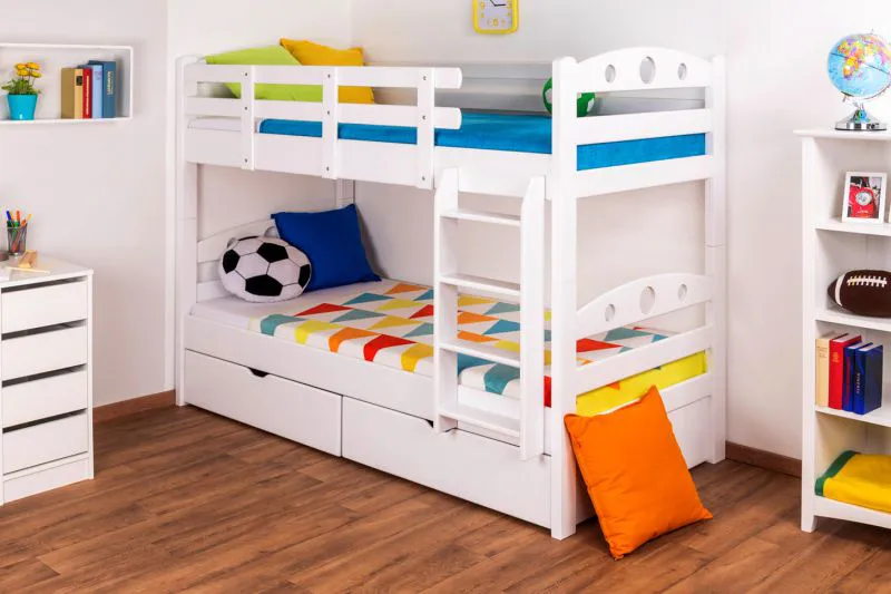 90 x 200 cm Lit superposé avec espace de rangement / 2 tiroirs pour enfants Bois massif: Hêtre | Laqué Blanc | convertible en 2 lits simples | Qualité premium | Incl. Sommier à lattes déroulable Abbildung