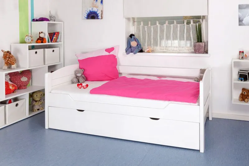 90 x 200 cm Lit de chambre d'enfant avec coffre de lit comme lit d'appoint ou espace de rangement | Bois massif : hêtre | Laqué blanc | incl. 2ème couchage 90 x 190 cm extensible et 2 sommiers à lattes Abbildung