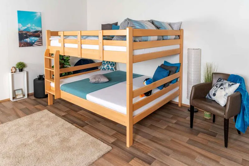Lit superposé avec Lit double 160 x 200 cm | Bois massif: Hêtre | Laqué Naturel | convertible en deux lits simples | Incl. Sommier à lattes déroulable Abbildung