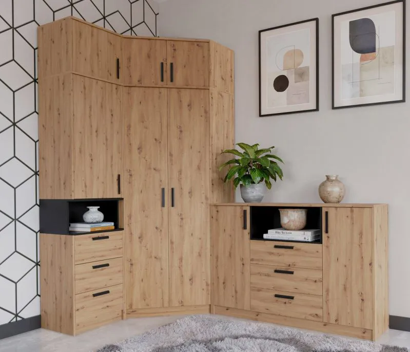 Ensemble de chambre à coucher / Ensemble d'armoire d'angle M Fafe / 5 pièces / Couleur : Chêne artisan / Noir / Armoire / Rehausse d'armoire / Commode / Système de fermeture Soft-Close