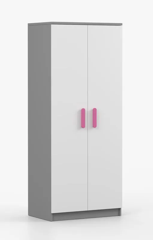 Armoire penderie Smolikas 58 | 2 portes | Blanc / Gris | 192 x 80 x 50 cm | 5 étagères | poignées bois roses