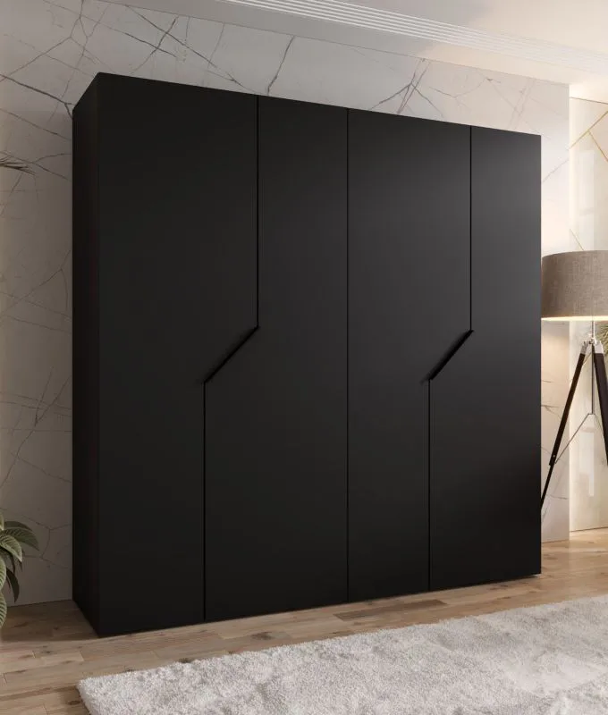 Armoire / 4 portes / Couleur : Noir / 2 compartiments / 2 tringles à vêtements / Poignées : Noir / Fonction Soft-Close / Dimensions : 200 x 52 x 202 cm / Chants ABS