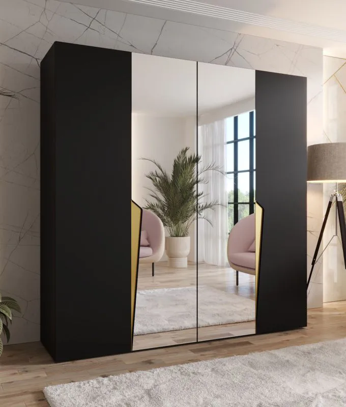 Armoire à portes battantes / 2 portes à miroir / Couleur : Noir / 2 compartiments / Soft-Close / 2 tringles à vêtements / Poignées : Or / Dimensions : 200 x 52 x 202 cm / Penderie / Chants ABS