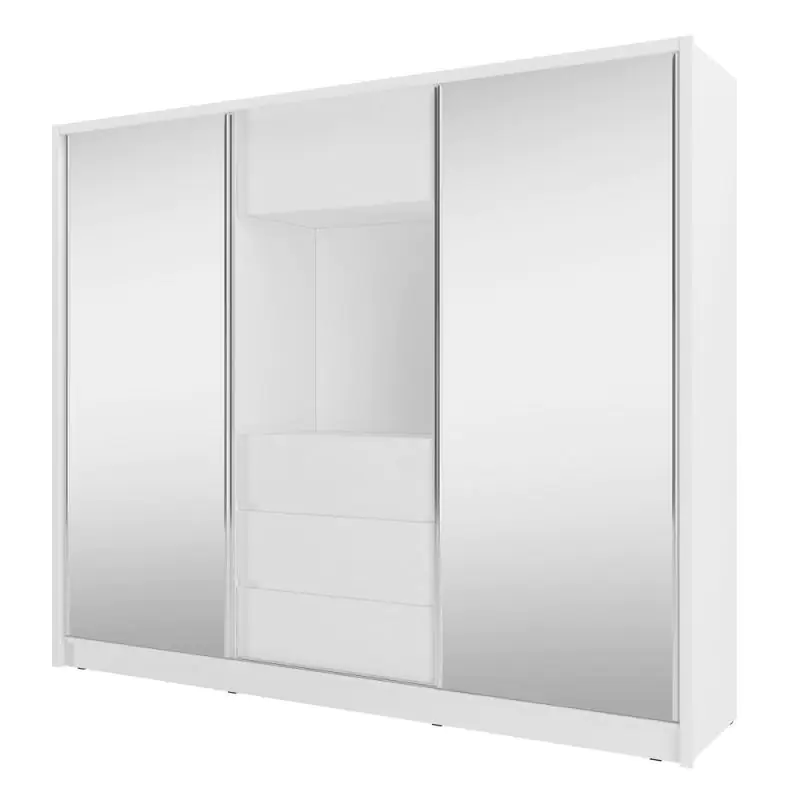 Armoire à portes coulissantes avec deux grandes portes à miroir Withington 01, Couleur : Blanc - Dimensions : 214 x 254 x 62 cm (h x l x p), avec 7 compartiments