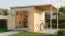 Abri de jardin avec toit rapporté / Cabane de jardin en éléments naturel / Plancher inclus / 3,83 x 2,38 mètres / Toit plat / Dresden 04 / Porte encadrée de bois massif avec fenêtres