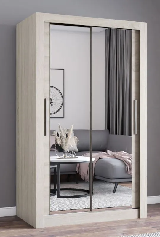Armoire à portes coulissantes avec miroir | 215 x 120 x 64 cm | chêne Sonoma | Biokovo 06 | 2 portes | 7 compartiments
