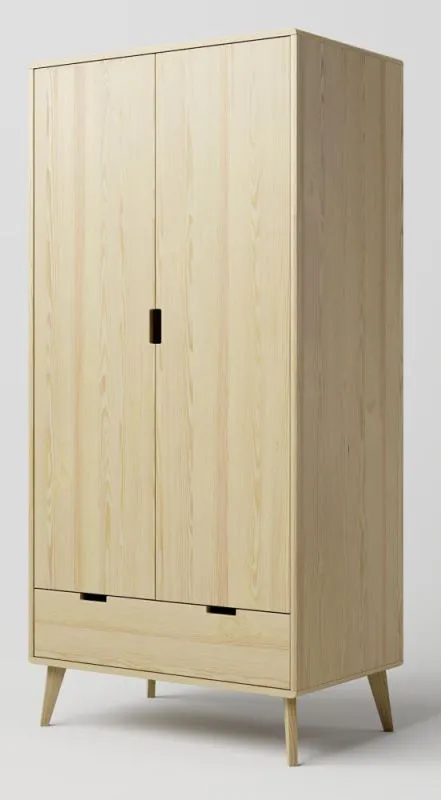 Armoire penderie en pin massif naturel Aurornis 04 | 2 portes, 1 tiroir | 200 x 96 x 60 cm | Rangement optimal
