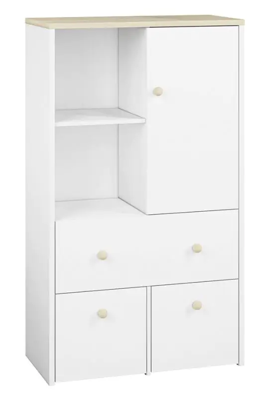 Chambre d'enfant - Commode Egvad 08, couleur : blanc / hêtre - Dimensions : 141 x 82 x 40 cm (h x l x p), avec 1 porte, 3 tiroirs et 4 compartiments