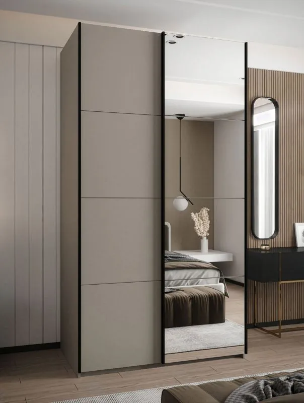 Penderie / Armoire à portes coulissantes / 245,5 x 130 x 64 cm / 2 tringles à vêtements / Soft-Close / Couleur : Cachemire / 2 portes coulissantes / Miroir / 6 compartiments