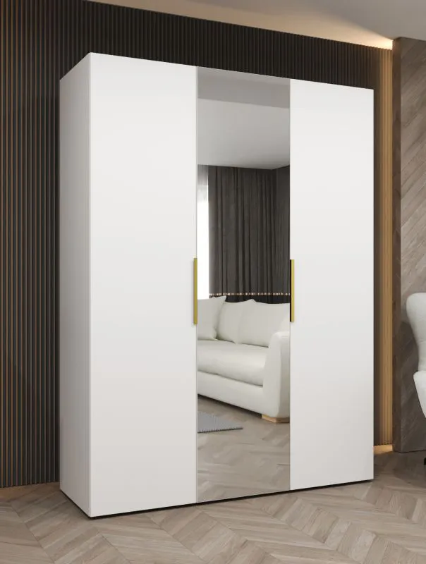 Armoire penderie Korab 71 blanc | 2 compartiments | 2 tringles | 1,5 m large | poignées dorées | miroir | portes battantes | Soft-Close