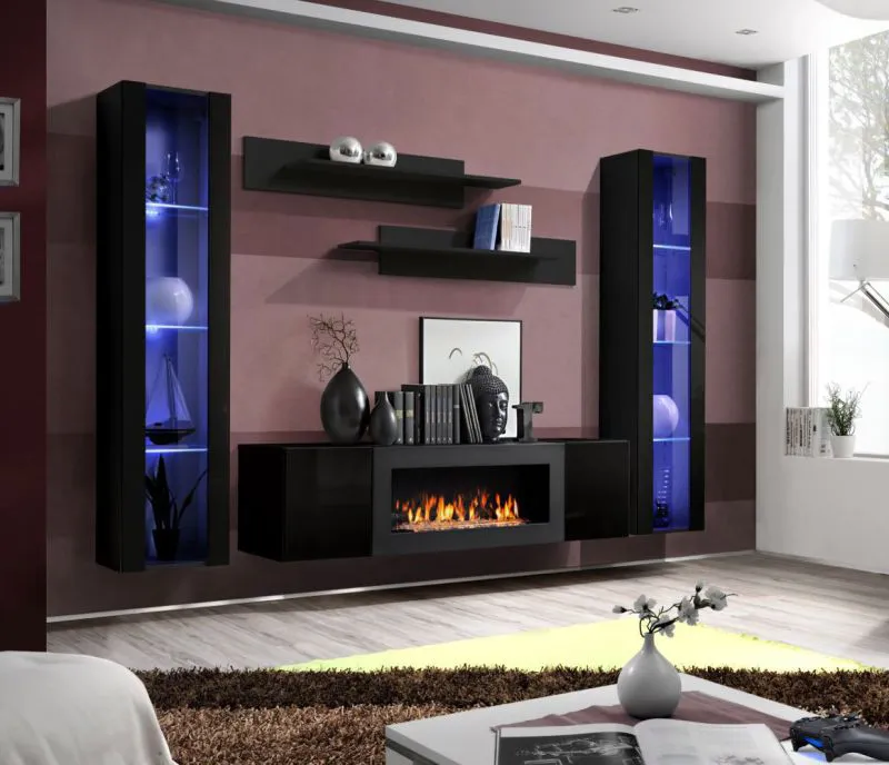 Meuble mural suspendu avec cheminée Hompland 116 | Noir moderne | 170 x 260 x 40 cm | Grand espace de rangement