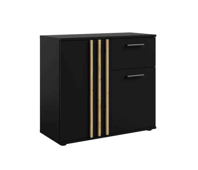 Commode un tiroir design moderne | 2 portes, 3 compartiments | Noir & Chêne artisan | 73 x 80 x 35 cm