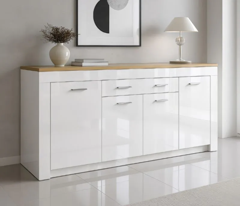 Commode / Buffet Tridano / Couleur : Chêne artisan / Blanc brillant / 1 grand tiroir / 5 compartiments / 190,4 x 35 x 84,5 cm