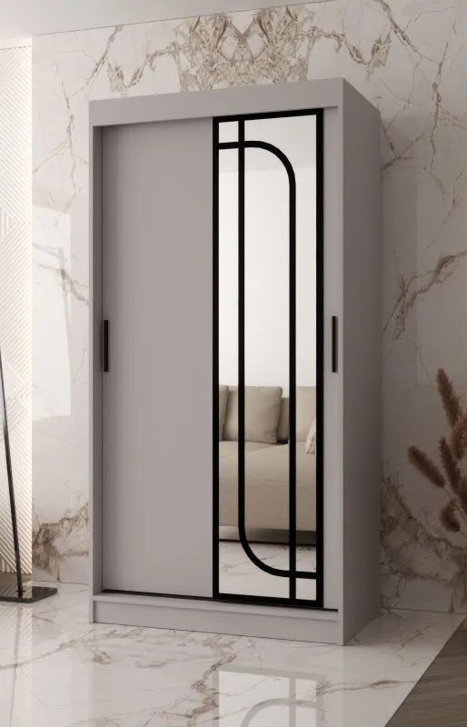 Armoire à portes coulissantes | Cachemire | 100 x 62 x 200 cm | 1 porte miroir | 2 tringles | armoire étroite | 5 compartiments | Poignées : noires