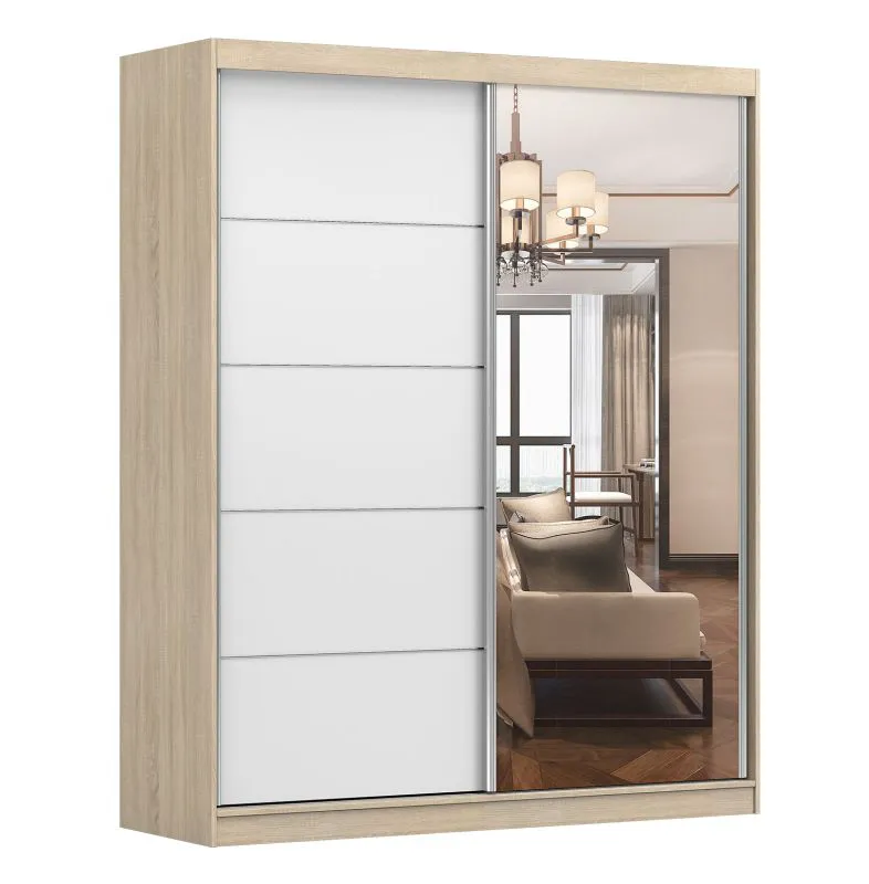 Armoire penderie à portes coulissantes avec miroir | Chêne / Blanc | Cuillin 09 | 218 x 183 x 61 cm | 2 portes | 6 compartiments | Façade aspect bois