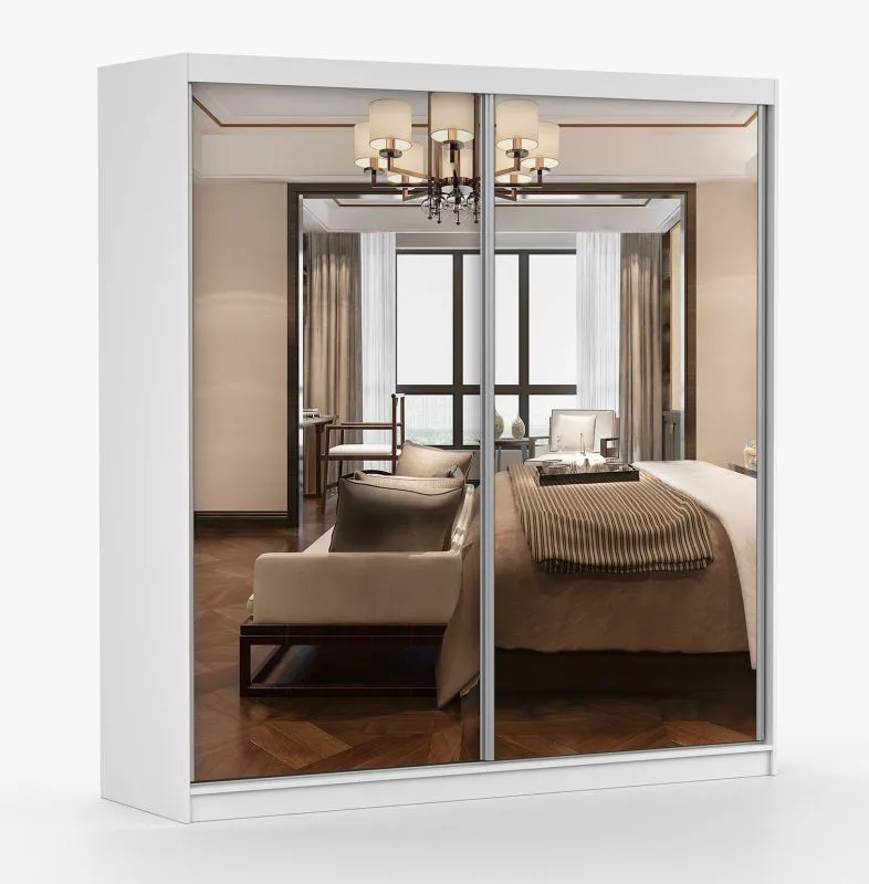 Armoire à portes coulissantes 2 m avec miroir | Blanc brillant | Gorski 29 | 218 x 203 x 61 cm | 6 compartiments