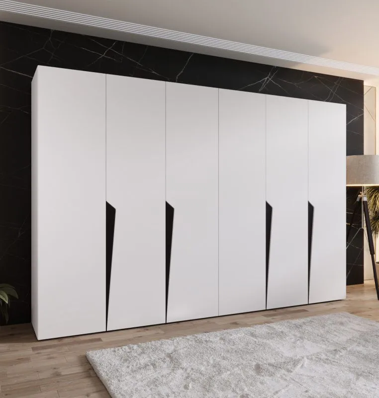 Armoire à portes battantes / Penderie / Couleur : Blanc / 4 compartiments / 3 mètres de large / Poignées : Noir / 4 tringles à vêtements / Fonction Soft-Close / Dimensions : 300 x 52 x 202 cm