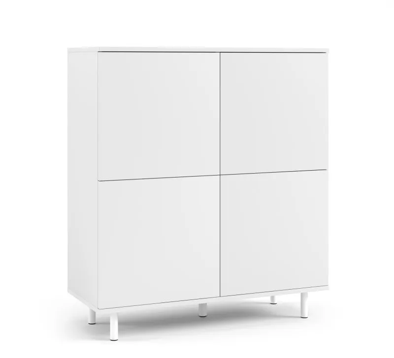 Commode blanche avec push-to-open | 4 portes, 8 compartiments | Pieds noirs | 112 x 100 x 40 cm | Zapopan 95