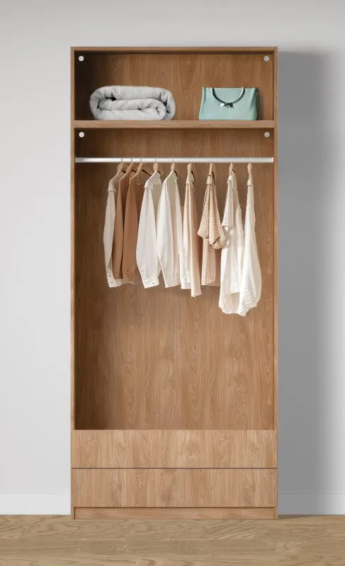 Armoire ouverte / Large / 2 tiroirs / Couleur : Chêne Puccini / 1 compartiment / 1 tringle à vêtements / Dimensions : 103 x 55 x 234 cm / Design simple