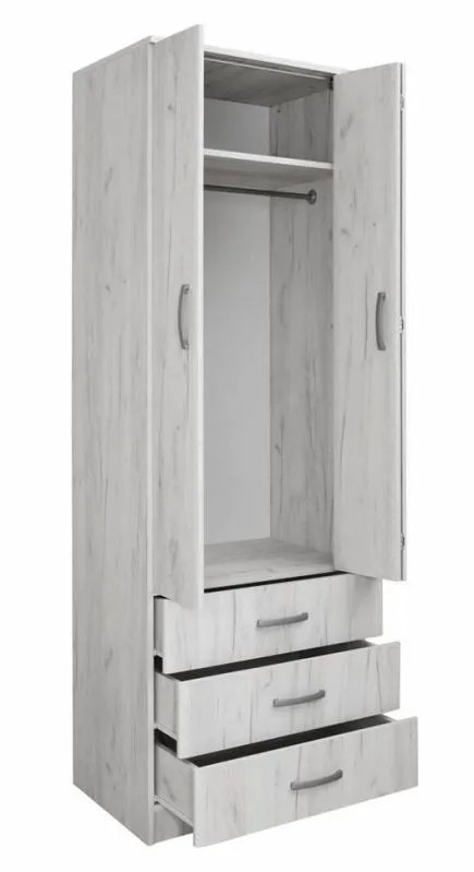 Étroite Armoire | 2 portes battantes | 3 tiroirs | 1 casier | avec tringle à vêtements | 75 cm de large | Couleur: Blanc Abbildung