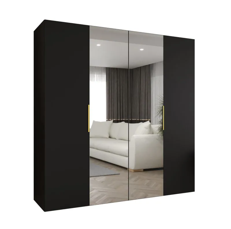 Armoire 2 m Korab 85 | Noir | Portes miroir soft-close | Poignées or | 2 tringles & compartiments