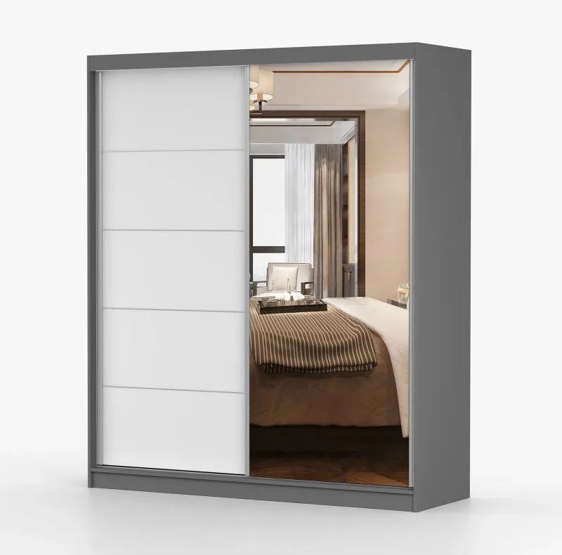 Armoire penderie avec portes coulissantes et miroir | 218 x 183 x 61 cm | Blanc / Gris | Cuillin 03 | 2 portes | 6 compartiments | Grand volume