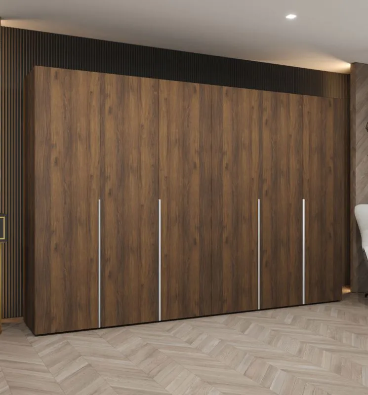 Armoire à portes battantes avec Système de fermeture Soft-Close / Couleur : Noyer / 3 mètres de large / Quatre tringles / Armoire / Poignées : Argent / Quatre compartiments