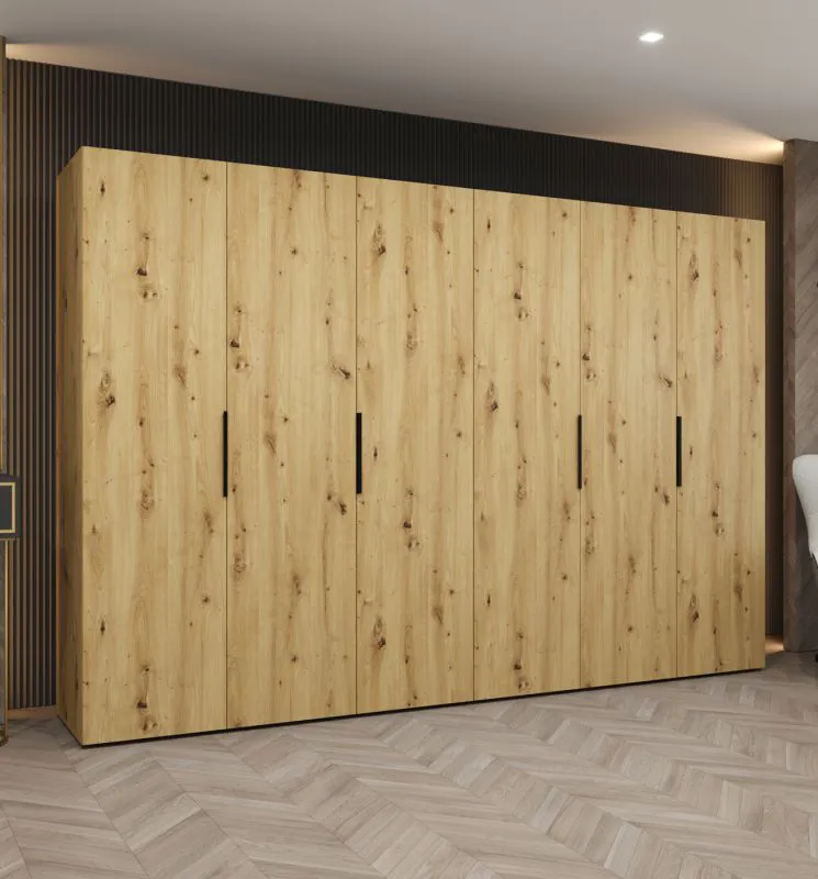 Armoire 6 portes battantes Korab 45 | Chêne Artisan | 3 tringles | Largeur 3 m | Poignées noires | Soft-Close