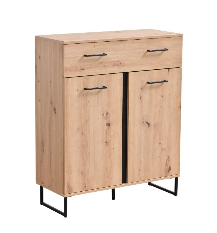 Commode 1 tiroir, 2 portes | Chêne Artisan & Noir | Crina 15 | 103,5 x 84,5 x 35 cm | Pieds métal noirs