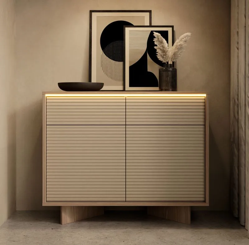 Commode / Couleur : Bolivar Naturel / Cappuccino / 2 portes battantes / 4 compartiments / 2 tiroirs / Fonction push-to-open / Éclairage LED inclus / 104 x 40 x 85 cm