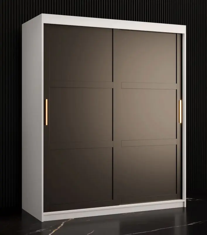 Armoire moderne avec deux portes Liskamm 10, Couleur : Blanc mat / Noir mat - Dimensions : 200 x 150 x 62 cm (h x l x p), avec cinq casiers et deux tringles à vêtements