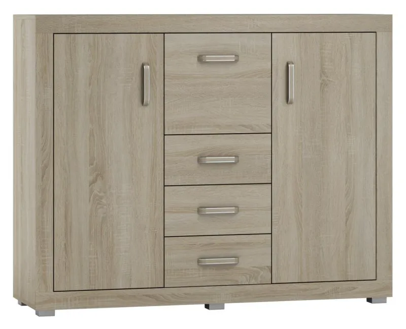 Commode design Lorengau 21 | Chêne Sonoma | 109 x 138 x 40 cm | 3 portes, 3 tiroirs, 4 étagères