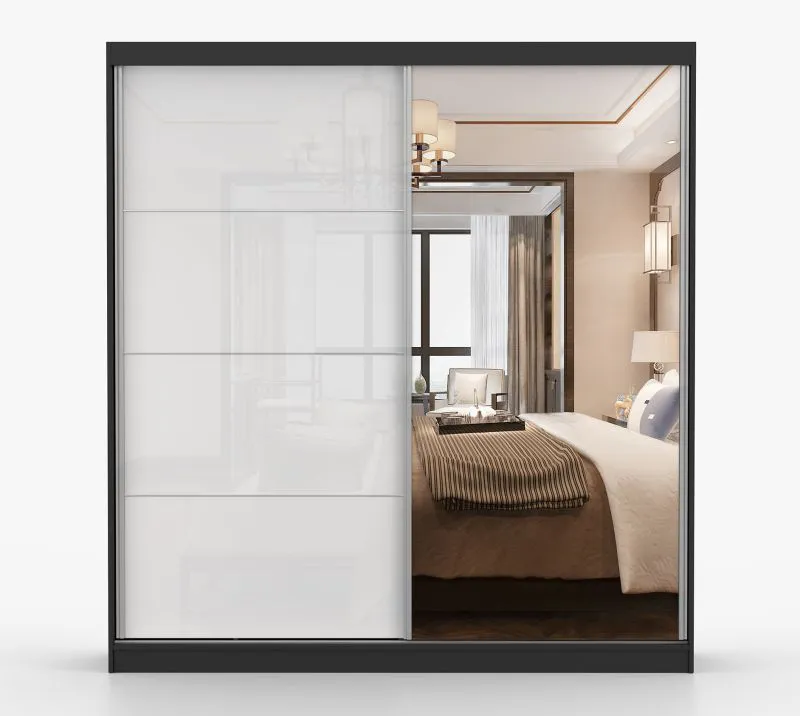 Armoire penderie Gorski 69 | Portes coulissantes miroir | 218 x 233 x 61 cm | 3 portes | 12 compartiments | Blanc/Noir bicolore