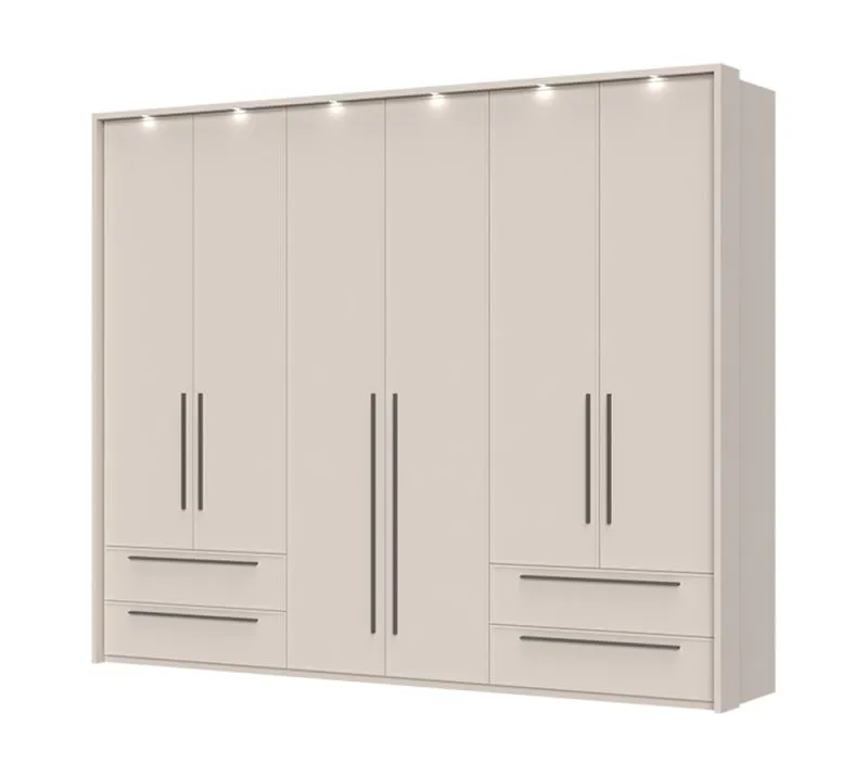 Armoire à six portes avec cadre LED Neiafu 80, quatre tiroirs, trois tringles à vêtements, cinq étagères, dimensions : 226 x 277 x 60 cm, finition haut de gamme