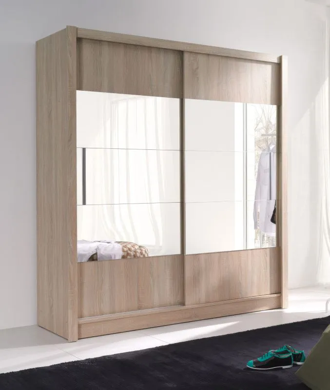 Armoire portes coulissantes miroir Mystras | Chêne Sonoma | 200 x 180 x 62 cm | Rangement optimisé