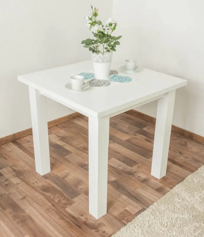 Table en bois de pin massif laqué blanc Junco 239A - Dimensions 80 x 80 cm