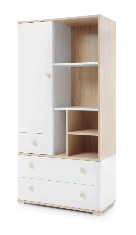 Armoire chambre enfant Asbeek 03 | Chêne / blanc | 165 x 80 x 40 cm | 1 porte, 3 tiroirs, 8 compartiments | Design moderne