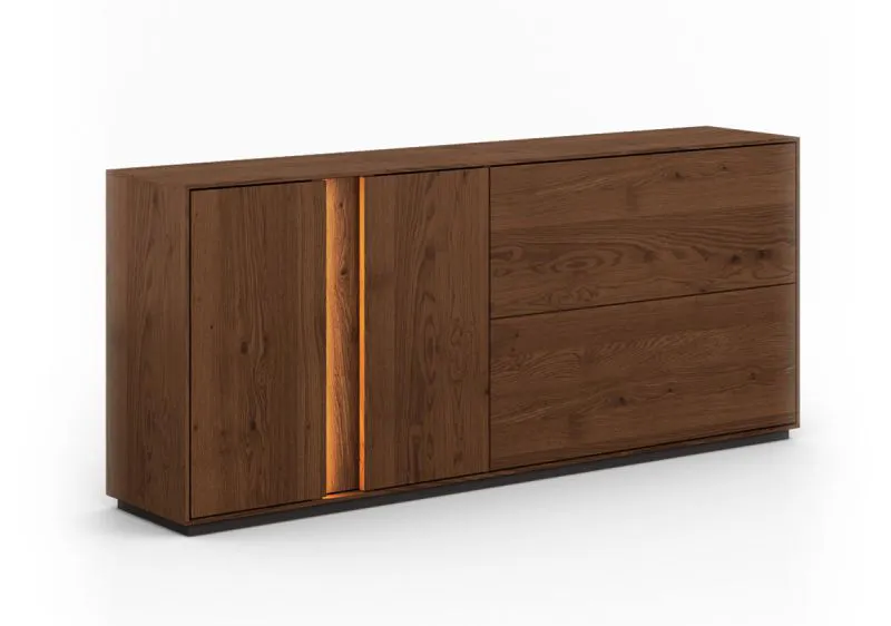 Commode Sienne 06 | 2 portes basculantes | Push-to-open | Chêne sauvage massif | Finition Tabacco huilée | Éclairage LED | 6 compartiments