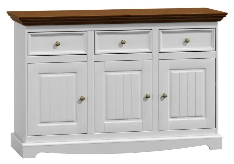 Commode Gyronde 02 en pin massif | Blanc / Noyer | 85 x 130 x 45 cm | Style campagnard élégant